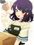  1girl :d apron badge black_hair box button_badge copyright_name hair_ornament hairclip holding holding_box kerberos_blade l_(matador) medium_hair name_tag open_mouth red_eyes short_sleeves simple_background smile solo upper_body 