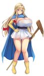  1girl bangs bare_legs black_sash blonde_hair blue_cape blush boots bow breasts cape circlet commentary_request cosplay dragon_quest dragon_quest_iii dress ebi_193 elbow_gloves eyebrows_visible_through_hair full_body gloves hair_between_eyes hair_bow hand_on_hip holding holding_staff huge_breasts long_hair looking_at_viewer purple_eyes red_bow sage_(dq3) sage_(dq3)_(cosplay) sash short_dress sidelocks simple_background smile solo staff standing strapless strapless_dress thighs touhou white_background white_dress yakumo_yukari yellow_footwear yellow_gloves 