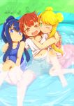  3girls arm_around_shoulder bangs blonde_hair blue_eyes blush brown_hair double_bun eyebrows_visible_through_hair green_eyes hair_between_eyes hair_ornament highres himesaka_noa hoshino_hinata long_hair looking_at_viewer multiple_girls one-piece_swimsuit open_mouth ponytail roegakan school_swimsuit shirosaki_hana shirt smile swimsuit v very_long_hair wading_pool watashi_ni_tenshi_ga_maiorita! 