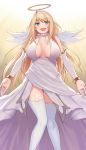  1girl absurdres ahoge angel angel_wings blonde_hair blue_eyes breasts cccpo detached_sleeves dress halo highres large_breasts long_hair open_mouth original solo thighhighs wings 