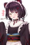  +++ 1girl :d animal_ears apron bangs black_hair black_kimono brown_eyes commentary_request directional_arrow dog_ears dog_hair_ornament eyebrows_visible_through_hair fangs hands_up heterochromia inui_toko japanese_clothes kimono long_hair long_sleeves looking_at_viewer low_twintails maid_headdress nijisanji obi open_mouth red_eyes sash simple_background sleeves_past_fingers sleeves_past_wrists smile solo twintails upper_body virtual_youtuber wa_maid waist_apron watarui white_apron white_background wide_sleeves 