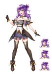  1girl :d ;d belt belt_pouch black_bow black_gloves black_legwear bow breasts cleavage fantasy gloves hair_bow hand_up heart highres long_hair looking_at_viewer midriff multiple_views one_eye_closed open_mouth original pouch purple_hair sho_(sumika) side_ponytail smile standing thighhighs 