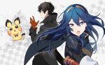  1boy 1girl adjusting_clothes adjusting_gloves amamiya_ren attacking_viewer bangs belt black_eyes black_hair black_jacket black_pants blue_eyes blue_hair blush_stickers bodysuit bodysuit_under_clothes cape closed_mouth collared_jacket commentary_request cowboy_shot eyelashes fire_emblem fire_emblem_awakening from_side gen_2_pokemon gloves gold_trim hair_between_eyes hair_spread_out high_collar jacket long_hair long_sleeves looking_at_viewer looking_to_the_side lucina_(fire_emblem) messy_hair open_hand open_mouth pants persona persona_5 pichu pokemon red_gloves ryon_(ryonhei) shiny shiny_hair short_hair shoulder_armor sidelocks sleeve_cuffs super_smash_bros. sword tiara upper_body weapon 