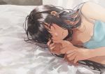  1girl black_hair breasts brown_hair cleavage collarbone fly_(marguerite) hands_up indoors long_hair looking_at_viewer lying on_side original small_breasts solo 