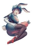  1girl animal_ears ass bangs black_legwear bodysuit boku_no_hero_academia breasts bunny_ears bunny_tail carrot commentary_request freckles genderswap genderswap_(mtf) gloves green_bodysuit green_eyes green_hair highres large_breasts looking_at_viewer lying midoriya_izuku on_side open_mouth red_footwear salmon_(657931354) short_hair simple_background smile stuffed_toy tail thighhighs tongue tongue_out white_background white_gloves 