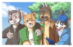  2009 anthro blush canid canine canis clothed clothing cute_fangs domestic_dog fifty4 group hoodie hug humanoid_hands looking_at_viewer male mammal one_eye_closed outside tongue tongue_out topwear wink 