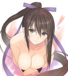  &gt;:) 1girl bare_shoulders black_eyes black_hair blush breasts cleavage closed_mouth collarbone commentary_request from_above hair_ribbon heart high_ponytail large_breasts long_hair looking_at_viewer looking_down maxima_enfield multicolored multicolored_background purple_ribbon ribbon self_hug shining_(series) smile solo strapless tanaka_takayuki v-shaped_eyebrows very_long_hair 