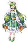  1girl :d ahoge bow choker dress dress_bow flower_knight_girl frilled_dress frills full_body green_dress green_footwear green_hair hair_between_eyes hair_bow highres leaf_lsd long_hair looking_at_viewer low-tied_long_hair mint_(flower_knight_girl) open_mouth orange_bow shoes smile solo standing thick_eyebrows twintails white_bow white_neckwear yellow_eyes 