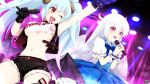  2girls :d ;d bat_wings belt black_gloves black_jacket black_shorts blue_bow blue_dress bow breasts choker copyright_name crop_top dress gloves hands_up highres holding holding_microphone horns idol jacket kerberos_blade l_(matador) light_blue_hair medium_breasts microphone midriff multiple_girls music navel one_eye_closed open_mouth red_eyes sheep_horns short_shorts short_sleeves shorts singing sleeveless sleeveless_jacket small_breasts smile stage_lights standing white_hair white_horns wings 