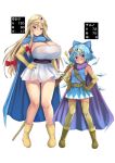  2girls adapted_costume bangs bare_legs bare_shoulders beige_legwear belt black_sash blonde_hair blue_bow blue_cape blue_dress blue_eyes blue_hair blush boots bow breasts brown_belt brown_footwear brown_gloves cape character_name circlet cirno commentary_request cosplay dragon_quest dragon_quest_iii dress ebi_193 elbow_gloves eyebrows_visible_through_hair full_body gloves grin hair_between_eyes hair_bow hand_on_hip holding holding_staff huge_breasts ice ice_wings long_hair looking_at_viewer multiple_girls partially_translated purple_cape purple_eyes red_bow roto roto_(cosplay) sage_(dq3) sage_(dq3)_(cosplay) sash short_dress short_hair sidelocks simple_background sleeveless sleeveless_dress small_breasts smile staff standing strapless strapless_dress sword tan thighhighs thighs touhou translation_request weapon weapon_on_back white_background white_dress wings yakumo_yukari yellow_footwear yellow_gloves zettai_ryouiki 
