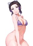  1girl arm_behind_back bare_shoulders black_hair bottomless breasts cleavage closed_mouth collarbone cowboy_shot hair_ornament highres kimetsu_no_yaiba kochou_shinobu lips looking_at_viewer medium_breasts multicolored_hair navel purple_bikini_top purple_eyes purple_hair short_hair sidelocks sikijou77o simple_background smile solo thick_thighs thighs two-tone_hair underboob white_background 