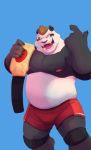  2019 anthro belly black_body black_fur blue_background bottomwear clothing fur giant_panda hi_res humanoid_hands male mammal merfiller_(artist) moobs nipples overweight overweight_male shorts simple_background solo ursid white_body white_fur 