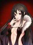  1girl absurdres black_hair breasts cleavage collarbone commentary_request consort_yu_(fate) cup6542 fate/grand_order fate_(series) fingernails fur-trimmed_sleeves fur_trim gradient gradient_background highres long_fingernails long_hair long_sleeves medium_breasts nail_polish parted_lips pink_nails red_background red_eyes revealing_clothes ribbon_trim smile solo tongue tongue_out upper_body very_long_hair 