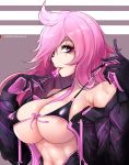  1girl artist_name bare_shoulders black_gloves black_jacket breasts candy cleavage commentary food gloves highres holding jacket katarina_du_couteau kilalesi large_breasts league_of_legends lollipop long_hair micro_bikini_top navel pink_gloves pink_hair purple_eyes scar solo two-tone_gloves 