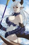  1girl armor artist_name ass bangs bare_shoulders breasts commentary dragon_horns dragon_tail epic7 from_side gauntlets holding horns long_hair looking_at_viewer luna_(epic7) outdoors pointy_ears red_eyes sciamano240 sideboob solo tail white_hair 