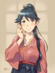  1girl black_eyes black_hair black_hakama commentary_request cowboy_shot hakama hakama_skirt high_ponytail houshou_(kantai_collection) japanese_clothes kantai_collection kimono long_hair looking_at_viewer pink_kimono ponytail sameha_ikuya smile solo tasuki 