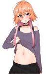  1girl bare_shoulders black_choker black_skirt blush breasts choker commentary_request idolmaster idolmaster_cinderella_girls lifted_by_self long_hair looking_at_viewer minakami multicolored_hair navel ninomiya_asuka orange_hair pink_hair purple_eyes simple_background skirt small_breasts solo sweater two-tone_hair white_background 