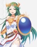  1girl armlet bangs belt breasts choker commentary_request cowboy_shot dress eyelashes gold_choker green_eyes green_hair grey_background hair_spread_out hand_up headdress highleg highres jewelry kid_icarus kid_icarus_uprising lace_background long_hair looking_at_viewer medium_breasts necklace open_mouth palutena parted_bangs ryon_(ryonhei) shadow shield sidelocks simple_background smug solo strapless strapless_dress thighhighs very_long_hair white_dress 