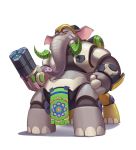  2017 anthro armor clothed clothing cosplay crossover crossover_cosplay disney elephant elephantid fully_clothed grey_body hi_res holding_gun holding_object holding_weapon mammal nangi orisa_(overwatch) proboscidean simple_background weapon white_background yellow_eyes zootopia 杯具螺旋丸 