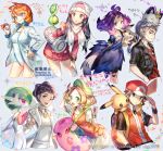  beanie bel_(pokemon) breasts character_request closed_mouth gardevoir gym_leader hat hikari_(pokemon) holding kasumi_(pokemon) looking_at_viewer meowth multiple_boys multiple_girls munna naru_(andante) orange_hair pikachu poke_ball pokemon pokemon_(creature) pokemon_(game) pokemon_bw pokemon_dppt pokemon_frlg pokemon_hgss red_(pokemon) short_hair smile swimsuit 