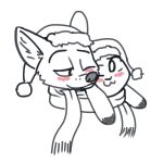  1:1 2019 anthro blush canid canine christmas clothing dipstick_ears disney duo fox fuel_(artist) fur hat headgear headwear holidays judy_hopps lagomorph leporid mammal multicolored_ears nick_wilde one_eye_closed rabbit red_fox santa_hat scarf shared_clothing simple_background smile white_background zootopia 