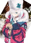  1girl absurdres anastasia_(fate/grand_order) bangs belt blue_eyes blush breasts choker collared_shirt doll evening_rabbit fate/grand_order fate_(series) fur_collar fur_hat hair_over_one_eye hat highres holding holding_doll jacket long_hair long_sleeves looking_at_viewer medium_breasts red_jacket shirt silver_hair skirt snowing solo ushanka viy white_headwear white_skirt 