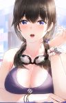  1girl arm_garter bare_shoulders blue_eyes breasts brown_hair cleavage collarbone commentary_request dice goggles goggles_around_neck hair_ornament hairclip hand_up highres kfr large_breasts long_hair looking_at_viewer mole mole_on_breast open_mouth original smile solo swimsuit upper_body water wet 