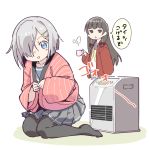  2girls bangs black_eyes black_hair black_legwear blue_eyes blunt_bangs blush cup grey_skirt hair_ornament hair_over_one_eye hair_ribbon hairclip hamakaze_(kantai_collection) hanten_(clothes) heater holding holding_cup isokaze_(kantai_collection) japanese_clothes kantai_collection long_hair long_sleeves mug multiple_girls no_shoes open_mouth pantyhose pleated_skirt ribbon sailor_collar school_uniform serafuku short_hair silver_hair simple_background sitting skirt steam tress_ribbon watarai_keiji white_background wide_sleeves 