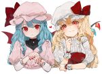  2girls :&lt; :t ?? alternate_hair_length alternate_hairstyle artist_name bangs bat_wings blonde_hair blue_hair blush bow commentary_request cropped_torso crystal dress embellished_costume eyebrows_visible_through_hair face flandre_scarlet floral_print gotoh510 hand_up hands hat hat_bow heart highres index_finger_raised juliet_sleeves long_hair long_sleeves looking_at_viewer mob_cap multiple_girls nail_polish open_mouth own_hands_together pink_dress pink_headwear print_sleeves puffy_short_sleeves puffy_sleeves red_bow red_eyes red_nails remilia_scarlet rose_print shirt short_sleeves siblings signature simple_background sisters smile touhou upper_body watermark white_background white_headwear white_shirt wings wrist_cuffs 