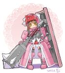  1girl armor armored_skirt belt_buckle bernice_(sennen_sensou_aigis) blush breasts brown_hair buckle chibi dated gauntlets grey_legwear heart helmet highres kei_jiei long_hair looking_at_viewer mace pink_footwear pink_legwear sennen_sensou_aigis shield simple_background sketch solo standing tower_shield weapon yellow_eyes 