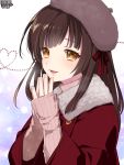  1girl :d brown_eyes brown_hair coat copyright_name hands_together hat heart jewelry kerberos_blade l_(matador) long_hair long_sleeves looking_at_viewer open_mouth outdoors red_coat red_ribbon ribbon ring simple_background smile snowing solo standing upper_body wide_sleeves 
