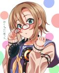  1girl arms_up bangs beige_sweater bespectacled blue_sailor_collar blush brown_hair cardigan commentary_request earrings eyebrows_visible_through_hair glasses green_eyes hair_between_eyes haruki_(haruki678) headphones headphones_around_neck heart heart_earrings highres holding holding_eyewear idolmaster idolmaster_cinderella_girls jewelry looking_at_viewer nail_polish neckerchief open_cardigan open_clothes parted_lips pink_nails polka_dot polka_dot_background red-framed_eyewear sailor_collar school_uniform short_hair solo tada_riina translation_request upper_body white_background yellow_neckwear 