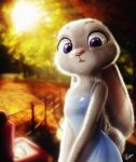  2016 anthro blurred_background clothed clothing digit_ring disney dress duo ears_down esther-shen fully_clothed fur grey_body grey_fur holding_object jewelry judy_hopps lagomorph leporid light lighting mammal open_mouth outside pink_nose pivoted_ears purple_eyes rabbit ring scut_tail solo_focus tree wedding_ring zootopia 