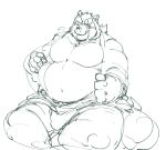  2019 anthro belly blush bulge canid canine exe_exem gyobu humanoid_hands male mammal moobs navel one_eye_closed overweight overweight_male raccoon_dog scar simple_background solo tanuki tokyo_afterschool_summoners video_games white_background wink 