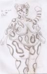  absurd_res anthro belly big_breasts breasts felid feline female hi_res leopardus liamjackal looking_at_viewer mammal monochrome nipples obese ocelot overweight simple_background solo 
