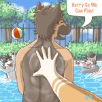  1:1 2010 anthro canid canine canis detailed_background domestic_dog english_text eyes_closed fifty4 group humanoid_hands male mammal outside solo_focus text water 