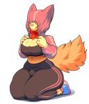  2019 anthro big_breasts breasts bulge canid canine cleavage clothed clothing footwear gynomorph hi_res intersex kneeling mammal navel notjay patacon simple_background solo thick_thighs tongue tongue_out white_background wide_hips 