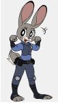  anthro belt clothed clothing dipstick_ears disney female fully_clothed fur grey_background grey_body grey_fur hi_res judy_hopps lagomorph leporid mammal multicolored_ears open_mouth open_smile police_uniform pose rabbit robiinart simple_background smile solo standing toeless_legwear uniform zootopia 