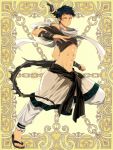  1boy arm_wrap black_hair brown_eyes brown_horns clenched_hand horn kerberos_blade l_(matador) looking_at_viewer male_focus midriff navel sandals scarf simple_background solo standing tan white_scarf yellow_background 