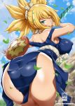  1girl bayeuxman blonde_hair blue_dress blue_eyes dr._stone dress high_ponytail holding holding_knife knife kohaku_(dr._stone) looking_at_viewer looking_back one_eye_closed patreon_username rope_belt shield shiny shiny_clothes shiny_hair shiny_skin solo weapon 