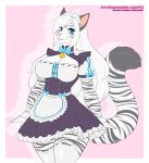  anthro blue_eyes breasts clothed clothing felid female fingers fur hair hi_res kitsunewaffles-chan legwear long_hair maid_headdress maid_uniform mammal melody_(sakuradlyall) pantherine simple_background solo striped_body striped_fur stripes thigh_highs tiger uniform white_body white_fur 