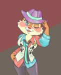  anthro blue_eyes blush bottomwear chipmunk clarice_(disney) claricelovev clothed clothing disney eyelashes female fur ground_squirrel mammal necktie one_eye_closed open_mouth open_smile pants red_nose rodent sciurid shirt simple_background smile tan_body tan_fur tipping_hat topwear wink 
