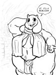  2019 absurd_res anthro belly big_belly big_breasts black_and_white blush bodily_fluids boss_monster bovid breasts caprine claws clothed clothing dialogue english_text female floppy_ears fur hi_res horn huge_breasts line_art loincloth looking_away mammal mature_female midriff monochrome navel nipple_outline open_mouth overweight overweight_female skimpy smile solo speech_bubble standing sweat sweatdrop text thick_thighs tongue toriel totalgary undertale video_games wavy_mouth wide_hips 