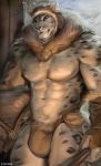  2019 anthro black_spots blue_eyes bulge chunie clothed clothing detailed_background digital_media_(artwork) felid hi_res holding_object hood inside looking_at_viewer male mammal muscular muscular_male nipples pantherine penis_outline snow snow_leopard solo spots standing topless 