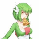  1girl alternate_hair_length alternate_hairstyle anarchojs bangs between_legs bob_cut breasts c.c. code_geass cosplay eyebrows_visible_through_hair food food_in_mouth gardevoir gardevoir_(cosplay) green_hair hair_ornament long_sleeves looking_at_viewer medium_breasts mouth_hold pizza pokemon pokemon_(game) short_hair simple_background solo upper_body white_background yellow_eyes 