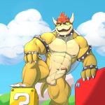  1:1 2019 anthro balls big_muscles bowser detailed_background erection front_view hi_res humanoid_penis jrjresq koopa looking_at_viewer male mario_bros muscular muscular_male nintendo nude penis reptile scalie smile solo video_games 