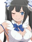  1girl ;) bangs bare_shoulders black_hair blue_bow blue_eyes blush bow breasts cleavage cleavage_cutout closed_mouth ddak5843 dress dungeon_ni_deai_wo_motomeru_no_wa_machigatteiru_darou_ka hair_ornament hestia_(danmachi) large_breasts long_hair one_eye_closed rei_no_himo simple_background sleeveless sleeveless_dress smile solo twintails upper_body v-shaped_eyebrows white_background white_dress 