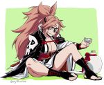  1girl asaya_minoru baiken bangs black_cape black_footwear black_kimono breasts bridal_legwear brown_hair cape choko_(cup) cleavage colored_shadow cup eyepatch facial_mark forehead_mark full_body green_background guilty_gear guilty_gear_xrd high_ponytail holding holding_cup japanese_clothes kimono long_hair long_sleeves medium_breasts obi parted_bangs parted_lips ponytail red_eyes sash scar scar_across_eye shadow sitting skull_print smirk solo stirrup_footwear twitter_username two-tone_background very_long_hair white_background white_kimono wide_sleeves 