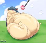  2019 ambiguous_gender anus belly big_belly bodily_fluids breath bubble dessert feral food lying morbidly_obese nawa nintendo obese on_back outside overweight pok&eacute;mon pok&eacute;mon_(species) solo stuffing stylus sweat typhlosion video_games 