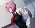  1girl aona_(kuuga19yuu) armpits artist_name breasts commentary_request eyebrows_visible_through_hair fate/grand_order fate_(series) glasses hair_over_one_eye indoors large_breasts looking_at_viewer mash_kyrielight necktie open_mouth pink_hair purple_eyes purple_hair red_neckwear short_hair sleeveless smile solo 